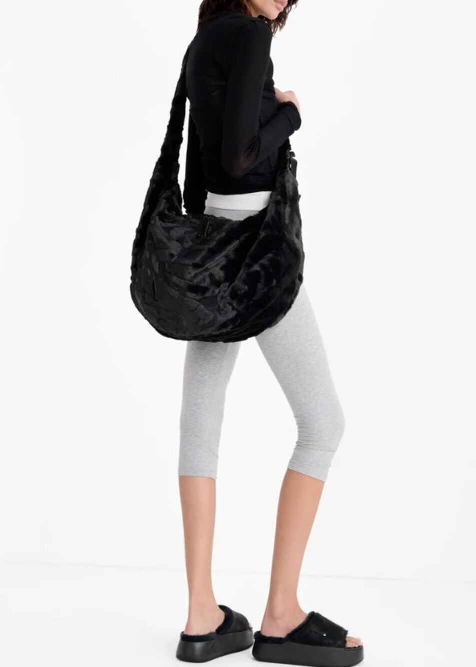 Nike Sportswear Black Faux Fur Slouchy Hobo Bag Oversized Y2K Shoulder Crossbody - Picture 1 of 11